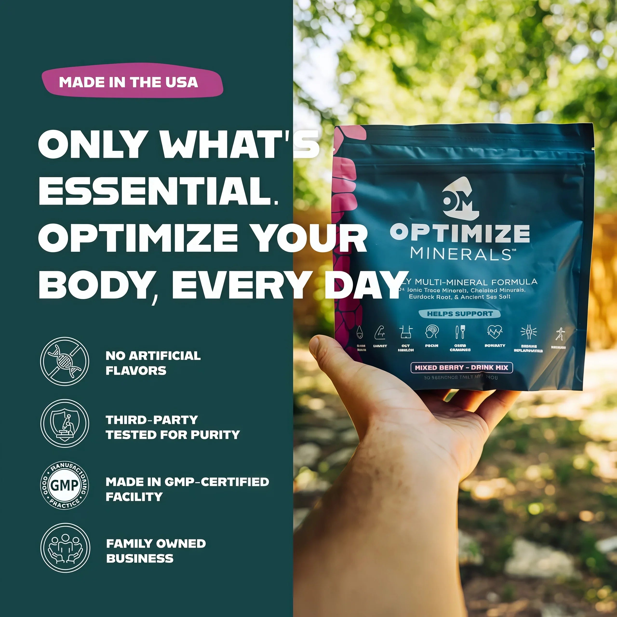Optimize Minerals Multi Mineral Daily Formula – Magnesium, Electrolytes & Trace Mineral Supplement Powder - Gluten Free Vitamins Drink - Mixed Berry, 30 Servings